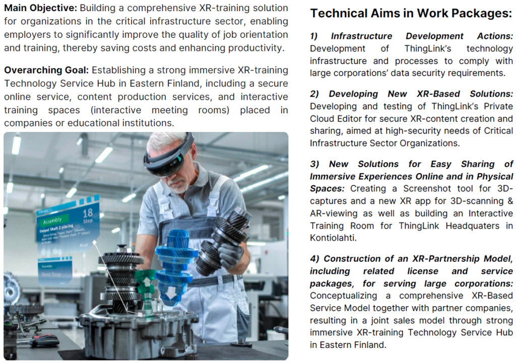 Main Objective: Building a comprehensive XR-training solution
for organizations in the critical infrastructure sector, enabling
employers to significantly improve the quality of job orientation
and training, thereby saving costs and enhancing productivity.

Overarching Goal: Establishing a strong immersive XR-training
Technology Service Hub in Eastern Finland, including a secure
online service, content production services, and interactive
training spaces interactive meeting rooms) placed
incompanies or educational institutions.

Technical Aims in Work Packages:
1)
Infrastructure
Development
Actions:
Development
of
ThingLink's
technology
infrastructure and processes to comply with
large corporations' data security requirements.
2) Developing New XR-Based Solutions:
Developing and testing of ThingLink's Private
Cloud Editor for secure XR-content creation and
sharing, aimed at high-security needs of Critical
Infrastructure Sector Organizations.
3) New
Solutions
for Easy
Sharing
of
Immersive Experiences Online and in Physical
Spaces: Creating a Screenshot tool for 3D-
captures and a new XR app for 3D-scanning &
AR-viewing as well as building an Interactive
Training Room for ThingLink Headquaters in
Kontiolahti.
4) Construction of an XR-Partnership Model,
including
related
license
and
service
packages,
for
serving large
corporations:
Conceptualizing a comprehensive XR-Based
Service Model together with partner companies,
resulting in a joint sales model through strong
immersive XR-training Technology Service Hub
in Eastern Finland.